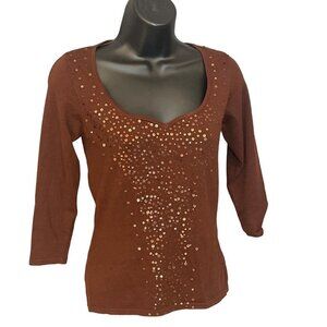 Fitted Brown Sequined 3/4 Sleeve Top